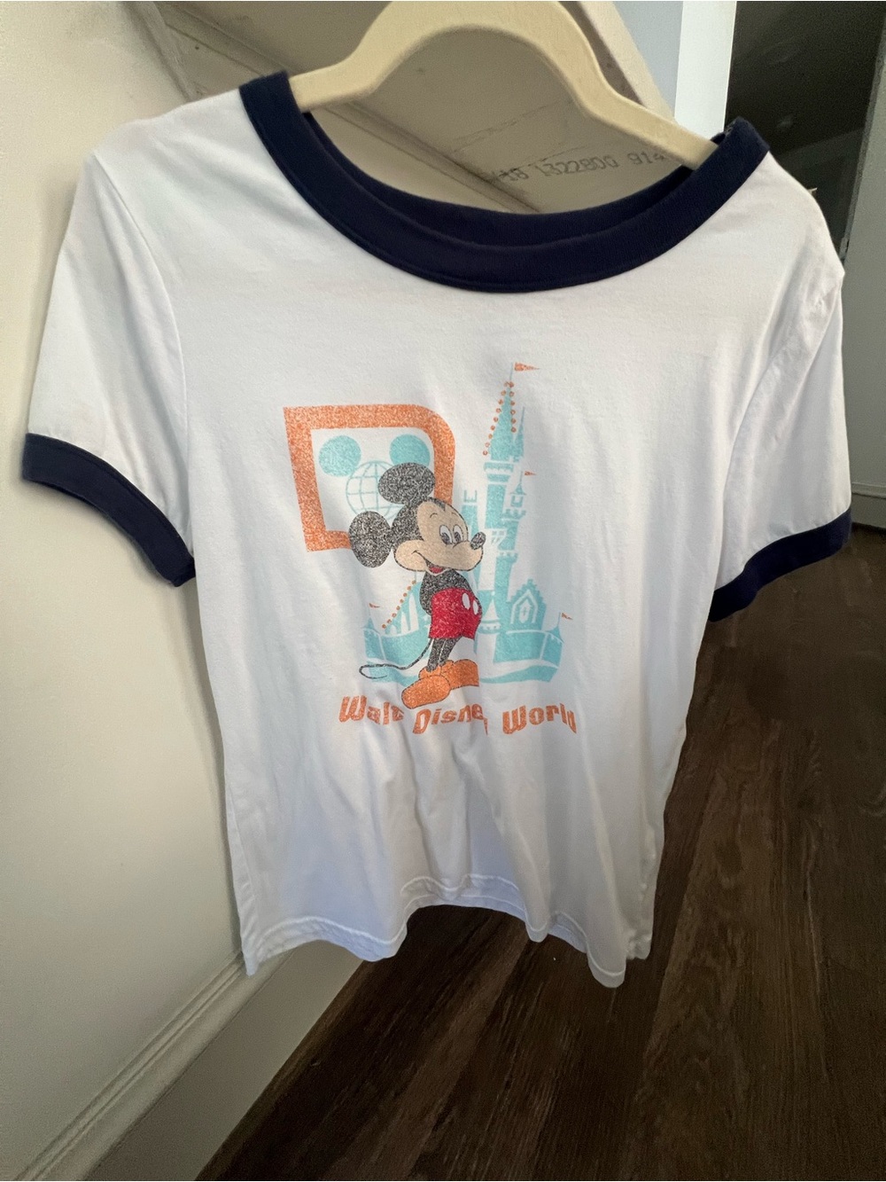 Disney Vintage White Ringer Tee with Navy Trim and Mickey Graphic Disney Vault